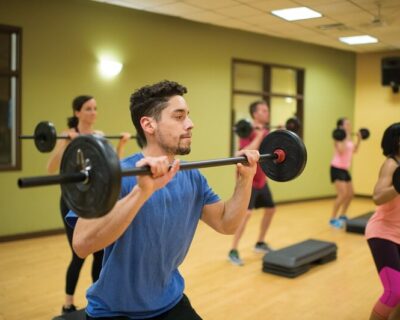 Lifting weights in fitness class Denver Colorado Athletic Club