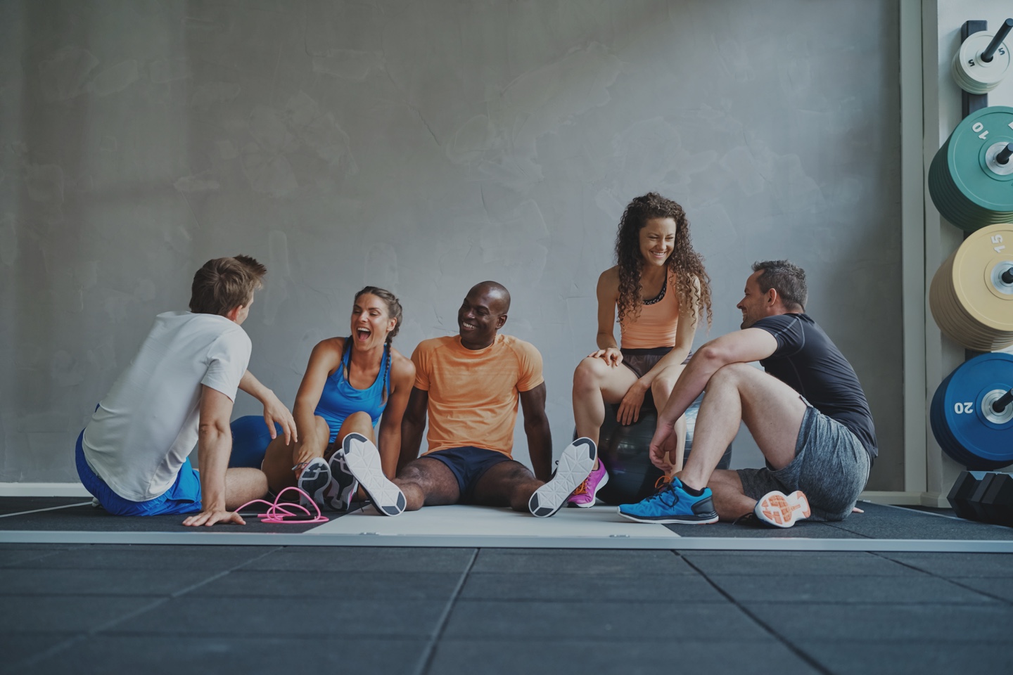 Group Fitness Class Chatting at Colorado Athletic Club, Greenwood Village, CO 